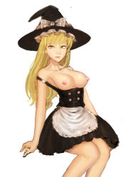 Rule 34 | 1girl, absurdres, apron, bad id, bad pixiv id, blonde hair, breasts, breasts out, cleavage, collarbone, corgi (artist), dress, expressionless, hat, highres, kirisame marisa, large breasts, long hair, nipples, partially undressed, realistic, simple background, sitting, solo, touhou, white background, witch hat, yellow eyes
