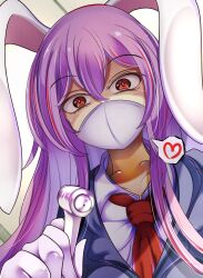 Rule 34 | 1girl, animal ears, commentary request, dentist, from below, gloves, grey jacket, hair between eyes, heart, highres, holding, jacket, kana (user rkuc4823), long hair, mask, mouth mask, multicolored hair, necktie, purple hair, rabbit ears, red hair, red necktie, reisen udongein inaba, solo, spoken heart, streaked hair, surgical mask, touhou, upper body, white gloves