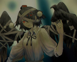 Rule 34 | 1girl, absurdres, bandaged head, bandaged wings, bandages, bird, bird on hand, black hair, black neckwear, black ribbon, black wings, blurry, blurry background, constricted pupils, crow, extra eyes, frilled shirt, frilled shirt collar, frilled sleeves, frills, googerm, hair over one eye, hat, highres, light smile, loose bandages, multicolored eyes, pale color, pink lips, pom pom (clothes), puffy short sleeves, puffy sleeves, red eyes, ribbon, shameimaru aya, shirt, short hair, short sleeves, solo, tokin hat, touhou, upper body, white shirt, wings