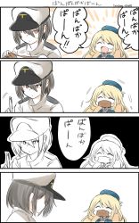 Rule 34 | 10eki (tenchou), 10s, 1boy, 1girl, 4koma, ^ ^, admiral (kancolle), atago (kancolle), beret, blonde hair, brown eyes, comic, covered mouth, closed eyes, gag, hair between eyes, hat, highres, improvised gag, kantai collection, long hair, looking back, military, military uniform, open mouth, pan-pa-ka-paaan!, partially colored, peaked cap, pen, short hair, smile, sweatdrop, tape, tape gag, translation request, twitter username, uniform, upper body, white background