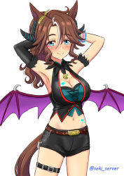 Rule 34 | 1girl, animal ears, armpits, arms behind head, arms up, belt, black gloves, black horns, black shirt, black shorts, blue eyes, bracelet, breasts, brown belt, brown hair, cleavage, cleavage cutout, closed mouth, clothing cutout, cowboy shot, cropped shirt, demon horns, demon wings, ear ornament, elbow gloves, fang, fur armlet, gloves, half-closed eyes, halloween, halloween costume, halterneck, heart, horns, horse ears, horse girl, horse tail, jewelry, long hair, looking at viewer, low wings, medium breasts, mejiro palmer (devil in the moonlight) (umamusume), mejiro palmer (umamusume), midriff, navel, official alternate costume, purple wings, seki (hyokosho), shirt, short shorts, shorts, simple background, single glove, smile, solo, sparkle, standing, tail, textless version, thigh strap, twitter username, umamusume, white background, wings