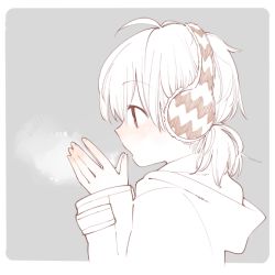 Rule 34 | 1girl, ahoge, blowing, border, breath, cold, earmuffs, from side, grey background, hands up, hood, hood down, long sleeves, looking away, low twintails, nakatani nio, official art, parted lips, profile, rounded corners, short twintails, simple background, solo, spot color, tareme, transparent border, twintails, upper body, winter, yagate kimi ni naru