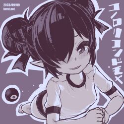 Rule 34 | 1girl, alternate hairstyle, backbeako (torotei), backbeard, barefoot, blush, breasts, buruma, commentary, dated, dated commentary, double bun, gegege no kitarou, hair bun, hair over one eye, hair ribbon, kono lolicon domome, looking at viewer, lying, monochrome, on stomach, one eye closed, original, parted lips, pointy ears, ribbon, short hair, short sleeves, simple background, slit pupils, small breasts, smile, solo, symbol-only commentary, torotei, translated, watermark, web address