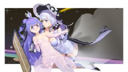 Rule 34 | 2girls, ahoge, azur lane, bare shoulders, black footwear, blush, breasts, choker, cleavage, collarbone, commentary, covered navel, detached sleeves, dress, elbow gloves, english commentary, garter straps, gloves, hair bun, hair ribbon, hat, high heels, highres, holding hands, illustrious (azur lane), kyma curry, large breasts, light purple hair, long hair, looking at another, low twintails, medium breasts, multiple girls, nail polish, nose blush, open mouth, purple eyes, purple hair, purple nails, ribbon, rigging, see-through, side bun, single side bun, smile, sun hat, surprised, thighhighs, twintails, unicorn (azur lane), very long hair, white dress, white legwear
