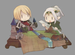 Rule 34 | 1boy, 1girl, :o, armor, artist request, blonde hair, castle, chibi, elf, grey background, map, marcus stern, official art, open mouth, pointy ears, project phoenix, ruler, scissors, simple background, smile, sylrianah tyrnearaheal, volcano, white hair, | |