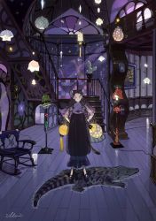 Rule 34 | 1girl, animal ears, artist name, black dress, black footwear, brown eyes, brown hair, carpet, cat ears, cat tail, ceiling, chair, clock, closed mouth, crocodile, crocodilian, curly hair, dress, flower, giraffe, hair ornament, hand on own hip, hat, highres, holding, holding lantern, illumi999, lamp, lantern, long hair, looking at viewer, oil lamp, original, painting (object), photo (object), short sleeves, signature, solo, stairs, standing, star (symbol), tail, wall, white legwear, wooden chair, wooden floor