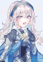 1girl :d black_hairband blue_cape blush cape corrin_(female)_(fire_emblem) corrin_(fire_emblem) fire_emblem fire_emblem_fates grey_hair hair_between_eyes hairband heart highres long_hair looking_at_viewer nintendo open_mouth pointy_ears red_eyes smile solo upper_body yoka_(103xp)