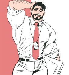 Rule 34 | 1boy, arm behind head, arm up, bara, beard, black hair, blush, bulge, dopey (dopq), facial hair, feet out of frame, highres, large pectorals, male focus, mature male, muscular, muscular male, mustache, necktie, original, pants, pectorals, salaryman, shirt, short hair, simple background, sleeves rolled up, solo, thick eyebrows, white pants, white shirt