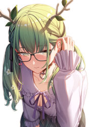 Rule 34 | 1girl, absurdres, antlers, blush, breasts, casual, ceres fauna, ceres fauna (jirai kei), choker, cleavage, cleavage cutout, clothing cutout, collarbone, earrings, erezu, flower, glasses, green hair, hair flower, hair ornament, hair ribbon, heart, heart choker, highres, hololive, hololive english, horns, jewelry, leaf, long hair, medium breasts, mole, mole under eye, official alternate costume, ribbon, simple background, solo, twintails, virtual youtuber, white background, yellow eyes