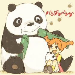 Rule 34 | 1girl, animal, bamboo, braid, brown eyes, eating, mimiko, orange hair, panda, panda! go panda!, smile, twin braids, yukke