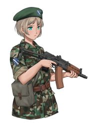 Rule 34 | 1girl, assault rifle, bag, belt, beret, blue eyes, bosnia and herzegovina, bosnia and herzegovina flag, brown belt, camouflage, camouflage jacket, commentary, cropped torso, english commentary, green hat, gun, hat, holding, holding gun, holding weapon, jacket, light brown hair, looking to the side, mardjan, military, military jacket, military uniform, original, pouch, rifle, serious, short hair, simple background, sleeves rolled up, solo, uniform, weapon, white background, wing collar, woodland camouflage, zastava m85