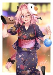 Rule 34 | 1boy, :d, arms up, astolfo (fate), bird mask, black footwear, black kimono, bow, braid, commentary request, fang, fate (series), floral print, gun, hair bow, holding, holding gun, holding weapon, japanese clothes, kimono, leg up, long braid, long hair, male focus, mask, mask on head, ohara hiroki, one eye closed, open mouth, pink hair, purple eyes, rifle, sandals, sash, single braid, skin fang, smile, solo, standing, very long hair, weapon