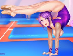 Rule 34 | ass, breasts, dominique (fap ceo), earrings, fap ceo, gym, gymnast, gymnastics, jewelry, legs together, legs up, lips, lipstick, makeup, muscular, muscular female, nipples, public indecency, public nudity, purple eyes, purple hair, smile