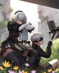 Rule 34 | 1boy, 1girl, android, black blindfold, black gloves, black hairband, black shorts, black thighhighs, blindfold, blurry, blurry background, building, cleavage cutout, closed eyes, closed mouth, clothing cutout, feather trim, floating, flower, gloves, hair between eyes, hairband, highres, jiro (ninetysix), leaning, leaning forward, nier (series), nier:automata, pink flower, plant, pod (nier:automata), puffy sleeves, robot, ruins, see-through, short hair, shorts, sitting, smile, thighhighs, white hair, yellow flower, 2b (nier:automata), 9s (nier:automata)