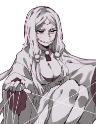 Rule 34 | 1girl, absurdres, breasts, chinese commentary, cleavage, closed mouth, colored skin, commentary request, facial mark, forehead mark, grey hair, grey skin, highres, japanese clothes, jewelry, kimetsu no yaiba, kimono, large breasts, long hair, low-tied long hair, mogutofuoes, mother spider demon (kimetsu no yaiba), necklace, purple eyes, silk, simple background, sitting, solo, spider web, white background, white kimono