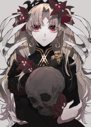 Rule 34 | 1girl, black dress, blonde hair, dress, earrings, ebanoniwa, ereshkigal (fate), ereshkigal (third ascension) (fate), fate/grand order, fate (series), flower, hair flower, hair ornament, highres, holding, holding skull, jewelry, long hair, long sleeves, looking at viewer, parted lips, red eyes, sanpaku, simple background, skull, solo, two side up, upper body, white background