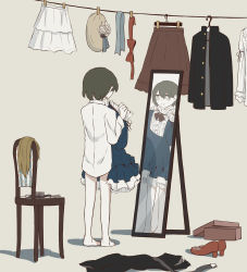 Rule 34 | 1boy, absurdres, avogado6, barefoot, bow, brush, closed mouth, crossdressing, facing away, from behind, full-length mirror, gakuran, green hair, grey background, hat, high heels, highres, long sleeves, male focus, mirror, original, pantyhose, red bow, school uniform, shirt, shoes, short hair, simple background, skirt, smile, solo, standing, trying on clothes, unworn clothes, unworn wig, white pantyhose, white shirt, white skirt, white tights, wig