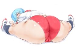 Rule 34 | 1girl, ass, ayanami rei, blue hair, breasts, buruma, cleft of venus, curvy, female focus, flexible, from behind, gym uniform, huge ass, large breasts, looking at viewer, looking back, mogudan, neon genesis evangelion, partially visible vulva, red eyes, shiny skin, shoes, short hair, sitting, solo
