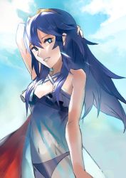Rule 34 | 1girl, arm up, bare shoulders, bikini, blue bikini, blue eyes, breasts, cape, cloud, fire emblem, fire emblem awakening, fire emblem heroes, gimkamres04, hair ornament, long hair, looking at viewer, lucina (fire emblem), navel, nintendo, outdoors, see-through, small breasts, smile, solo, swimsuit, symbol in eye, tiara, very long hair
