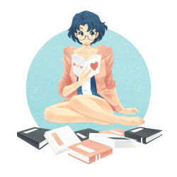 Rule 34 | 1girl, absurdres, arm support, barefoot, bishoujo senshi sailor moon, blue eyes, blue hair, book, collarbone, commentary, english commentary, feet, full body, glasses, highres, holding, holding book, looking to the side, mizuno ami, open book, open clothes, open shirt, pink shirt, shirt, short hair, sitting, solo, toes, yokozuwari, yueliart