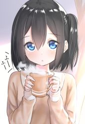 Rule 34 | 1girl, :o, blue eyes, blush, brown hair, brown shirt, coffee mug, commentary request, cup, curtains, hair between eyes, hands up, highres, holding, holding cup, long sleeves, mug, one side up, original, parted lips, shirt, sleeves past wrists, solo, steam, suzunari shizuku, translation request, upper body, yuki arare