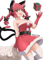 Rule 34 | 1girl, :3, :d, animal ears, belt, bow, box, braid, breasts, cat ears, cat girl, cat tail, christmas, chups, cleavage, dated, dress, fang, fur trim, gift, gift box, gloves, hair bow, highres, kaenbyou rin, large breasts, looking at viewer, multiple tails, nekomata, open mouth, pom pom (clothes), red dress, red eyes, red hair, sack, santa costume, santa gloves, side braids, simple background, smile, solo, tail, thighhighs, touhou, twin braids, two tails, white background, white thighhighs