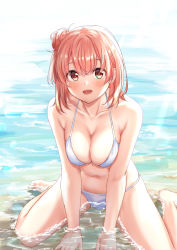 Rule 34 | 1girl, :d, bare arms, bare legs, bare shoulders, barefoot, between legs, bikini, blush, breasts, brown eyes, cleavage, collarbone, commentary request, day, hair bun, hand between legs, highres, large breasts, light rays, looking at viewer, meri-san, navel, open mouth, outdoors, pink hair, shallow water, short hair, side bun, single hair bun, single side bun, sitting, smile, solo, stomach, sunbeam, sunlight, swimsuit, wariza, water, white bikini, yahari ore no seishun lovecome wa machigatteiru., yuigahama yui