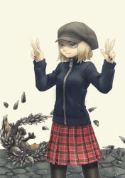 Rule 34 | 1girl, bags under eyes, black jacket, black pantyhose, blonde hair, brown background, brown hat, cabbie hat, chiyo maru, double w, grey eyes, hands up, hat, jacket, light frown, long sleeves, looking ahead, lying, monster hunter, monster hunter: world, monster hunter (series), nergigante, on back, original, pantyhose, plaid, plaid skirt, pleated skirt, purple nails, red skirt, rolling, sanpaku, serious, short hair, signature, simple background, skirt, solo, spiked tail, spiked wings, spines, standing, tail, v-shaped eyebrows, w, zipper, zipper pull tab