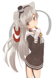 Rule 34 | 1girl, absurdres, amatsukaze (kancolle), brown dress, brown neckerchief, commentary request, cowboy shot, dress, food, food on face, garter straps, gloves, hair tubes, hat, highres, kafi (cafee kuu), kantai collection, lifebuoy, long hair, mini hat, neckerchief, sailor collar, sailor dress, short dress, silver hair, simple background, single glove, solo, standing, swim ring, two side up, white background, white gloves, white sailor collar