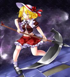 Rule 34 | 1girl, adapted costume, aka tawashi, angry, blonde hair, blush, bow, breasts, brown ribbon, brown shirt, commentary request, cowboy shot, d:, d:&lt;, elly (touhou), hat, hat bow, high heels, highleg, highleg panties, highres, holding, holding scythe, holding weapon, legs, looking at viewer, mary janes, medium breasts, midriff, navel, open clothes, open mouth, open shirt, panties, petticoat, platform footwear, puffy short sleeves, puffy sleeves, red bow, red skirt, ribbon, scythe, shirt, shoes, short hair, short sleeves, skirt, socks, solo, stomach, tile floor, tiles, touhou, touhou (pc-98), underwear, v-shaped eyebrows, weapon, white hat, yellow eyes