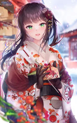 Rule 34 | 1girl, :d, bag, black hair, blurry, blush, commentary request, dated, day, depth of field, ema, floral print, flower, green eyes, hair flower, hair ornament, handbag, highres, holding, hozumi kaoru, japanese clothes, kimono, kurosawa dia, long hair, long sleeves, looking at viewer, love live!, love live! sunshine!!, mole, mole under mouth, obi, open mouth, outdoors, paid reward available, print kimono, red flower, revision, sash, shawl, signature, smile, snowing, solo, upper body, white kimono, wide sleeves, winter, yukata