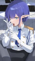 Rule 34 | 1girl, aoi (blue archive), blue archive, blue eyes, blue necktie, breasts, gloves, halo, highres, hood (james x), jacket, looking at viewer, medium breasts, midriff, mole, mole under eye, necktie, open mouth, pointy ears, purple hair, short hair, solo, tongue, tongue out, white gloves, white jacket