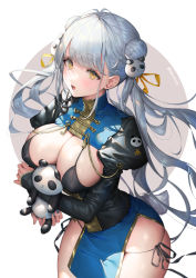 Rule 34 | 1girl, black dress, blue dress, blush, breasts, china dress, chinese clothes, cleavage, double bun, dress, hair bun, highres, large breasts, long hair, long sleeves, looking at viewer, open mouth, original, pelvic curtain, sencha (senchat), side slit, silver hair, solo, thighs, yellow eyes
