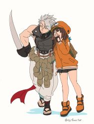 Rule 34 | 1boy, 1girl, asaya minoru, backpack, bag, bare shoulders, beige background, bike shorts, black footwear, black gloves, black shorts, boots, brown eyes, brown hair, cabbie hat, chipp zanuff, closed mouth, colored shadow, fingerless gloves, gloves, grey hair, grey pants, grey shirt, guilty gear, guilty gear strive, hand on own hip, hand to own mouth, hat, hood, hood down, hoodie, may (guilty gear), orange footwear, orange headwear, orange hoodie, pants, sandals, shadow, shirt, short shorts, shorts, skull and crossbones, sleeveless, sleeveless shirt, standing, standing on one leg, twitter username, whispering