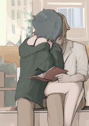 Rule 34 | 1boy, 1girl, absurdres, bare shoulders, black hair, book, brown hair, collared shirt, elan ceres, from side, green jacket, gundam, gundam suisei no majo, hand on another&#039;s cheek, hand on another&#039;s face, hetero, highres, holding, holding book, hood, hood down, hooded jacket, jacket, kiss, legs together, long sleeves, norea du noc, off shoulder, open book, shirt, short hair, sitting, sitting on lap, sitting on person, sleeves rolled up, watermark, wawamachi (wawamachis), white shirt