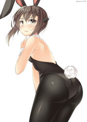 Rule 34 | &gt;:|, 10s, 1girl, :|, alternate costume, animal ears, ass, bad id, bad pixiv id, bare shoulders, black pantyhose, blush, brown hair, closed mouth, detached collar, fake animal ears, grey eyes, hair between eyes, headband, headgear, kankitsunabe (citrus), kantai collection, leaning forward, leotard, looking at viewer, looking back, pantyhose, playboy bunny, rabbit ears, rabbit tail, short hair, simple background, solo, taihou (kancolle), tail, twitter username, v-shaped eyebrows, white background, wrist cuffs