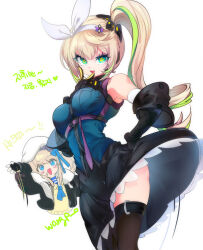 2girls aqua_eyes beret black_gloves black_jacket black_thighhighs blonde_hair blue_eyes blush_stickers bow breasts commentary_request cropped_torso fingerless_gloves girls&#039;_frontline girls&#039;_frontline_2:_exilium gloves green_hair hair_bow hair_ornament hairband hat highres jacket korean_commentary korean_text looking_at_viewer menpo multicolored_hair multiple_girls open_mouth sharkry_(girls&#039;_frontline_2) side_ponytail simple_background smile star-shaped_pupils star_(symbol) streaked_hair symbol-shaped_pupils thighhighs translation_request two-tone_hair vepley_(girls&#039;_frontline_2) white_background white_bow white_hairband white_hat