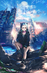 Rule 34 | 1girl, absurdres, adam smasher, advarcher, alternate universe, artificial eye, black jacket, blood, blue sky, building, clenched teeth, cloud, colored sclera, colored skin, commentary, cyberpunk (series), cyberpunk edgerunners, cyborg, full body, green hair, grin, half-closed eye, highres, jacket, knee up, leg tattoo, lens flare, long hair, looking at viewer, mechanical eye, moon, neck tattoo, outdoors, parted lips, pink tattoo, rebecca (cyberpunk), red sclera, rocket, rubble, samurai jacket (cyberpunk), scenery, severed head, sitting, sky, skyscraper, sleeves past wrists, smile, solo, stomach tattoo, tattoo, teeth, trash, twintails