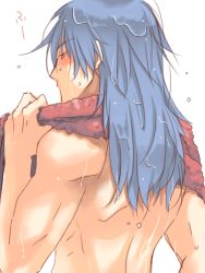 Rule 34 | 1boy, assassin cross (ragnarok online), back, back focus, blue hair, closed mouth, commentary request, eremes guile, from behind, long hair, male focus, ragnarok online, red eyes, red scarf, sakakura (sariri), scarf, simple background, solo, toned, toned male, topless male, upper body, wet, white background