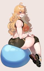 Rule 34 | 1girl, ahoge, ass, beige background, black shorts, blonde hair, blush, breasts, butt crack, closed mouth, clothes writing, commentary, english commentary, english text, full body, hair between eyes, highres, large breasts, long hair, looking at viewer, nyantcha, profanity, purple eyes, rwby, shoes, short shorts, shorts, simple background, sitting, sneakers, solo, sports bra, sweat, tongue, tongue out, yang xiao long