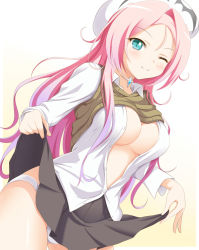 Rule 34 | 1girl, bad id, bad pixiv id, beret, breasts, cleavage, clothes lift, dra+koi, green eyes, hat, heroine (dra+koi), jewelry, long hair, medium breasts, nitroplus, one eye closed, open clothes, panties, pink hair, skirt, skirt lift, slit pupils, smile, solo, sweater, sweater lift, underwear, violetshit, white panties, wink