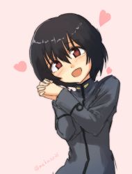 Rule 34 | 10s, 1girl, artist name, black hair, blush, brave witches, head tilt, heart, makaze (t-junction), military, military uniform, open mouth, own hands clasped, own hands together, pink background, red eyes, shimohara sadako, short hair, simple background, solo, strike witches, uniform, world witches series