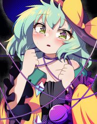 Rule 34 | 1girl, @ @, bare shoulders, black background, black hat, blush, bow, green eyes, green hair, hat, hat bow, komeiji koishi, looking at viewer, open mouth, polyhedron2, short hair, solo, sweat, touhou, upper body, yellow bow