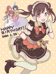 Rule 34 | 5girls, black dress, black footwear, blush, bow, bowtie, breasts, brown hair, chibi, cup, dated, detached sleeves, dot nose, double bun, dress, elbow gloves, frilled dress, frills, gloves, hair bow, hair bun, hair ribbon, hands up, happy birthday, headdress, heart, heart in eye, holding, holding tray, houkago climax girls (idolmaster), idolmaster, idolmaster shiny colors, kamekoya sato, large breasts, leg up, long hair, looking at viewer, multiple girls, open mouth, pantyhose, polka dot, polka dot background, red bow, red bowtie, red eyes, red ribbon, ribbon, shoes, sleeveless, sleeveless dress, smile, solo, sonoda chiyoko, spoon, standing, standing on one leg, striped sleeves, symbol in eye, tray, twintails, two-tone dress, yellow background, yellow gloves, yellow pantyhose