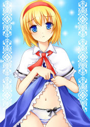 Rule 34 | 1girl, alice margatroid, blonde hair, blue eyes, capelet, clothes lift, dress, dress lift, female focus, gradient background, hairband, nikoo, panties, short hair, solo, touhou, underwear