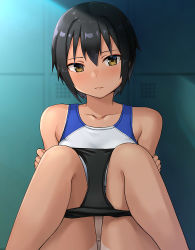 Rule 34 | 1girl, against locker, bare shoulders, black hair, blush, brown eyes, closed mouth, commentary request, hashi, indoors, knees up, looking at viewer, original, out-of-frame censoring, panties, panty pull, short hair, sitting, solo, sports bra, tan, tanline, track uniform, two-tone sports bra, underwear