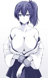 Rule 34 | 10s, 1girl, bare shoulders, breasts, gloves, hagane soushi, japanese clothes, kaga (kancolle), kantai collection, large breasts, long hair, monochrome, partially fingerless gloves, partly fingerless gloves, side ponytail, single glove, sketch, solo, yugake