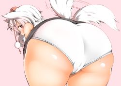 Rule 34 | 1girl, animal ears, ass, ass focus, bent over, cameltoe, cleft of venus, huge ass, inubashiri momiji, pink background, plump, red eyes, shishi juuroku, short hair, simple background, skindentation, solo, tail, tail wagging, thick eyebrows, thick thighs, thighs, touhou, white hair, wolf ears, wolf tail