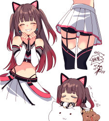 Rule 34 | 1girl, :3, animal ear headphones, animal ears, bare shoulders, belt, black belt, black shorts, black thighhighs, blunt bangs, blush, brown hair, cat ear headphones, chest belt, chibi, clenched hands, closed eyes, collar, cowboy shot, crop top, detached sleeves, earrings, fake animal ears, from behind, garter straps, head rest, headphones, highleg, highleg panties, highres, hololive, jewelry, long hair, lower body, matsurisu, midriff, multicolored hair, multiple views, natsuiro matsuri, natsuiro matsuri (re:start), nitumaruta, official alternate costume, open mouth, panties, panty straps, pleated skirt, red hair, shorts, skindentation, skirt, skirt set, sleeping, sleeveless, smile, solo, thigh strap, thighhighs, triangle earrings, two-tone hair, two side up, underbust, underwear, upskirt, virtual youtuber, white skirt, white sleeves