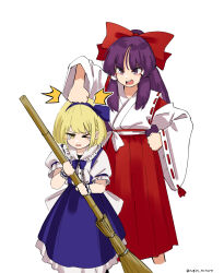 2girls aged_down alice_margatroid alice_margatroid_(pc-98) bamboo_broom blonde_hair blue_hairband blue_skirt bow broom commentary_request detached_sleeves hair_bow hair_tubes hairband hakama hakurei_reimu hakurei_reimu_(pc-98) highres hitting holding holding_broom japanese_clothes long_hair miko multiple_girls mystic_square open_mouth purple_eyes purple_hair red_bow red_hakama ribbon-trimmed_sleeves ribbon_trim shirt short_sleeves simple_background skirt suspender_skirt suspenders tears touhou touhou_(pc-98) twitter_username white_background white_shirt wide_sleeves wrist_cuffs yellow_eyes yugiri_(yugiri_picture)